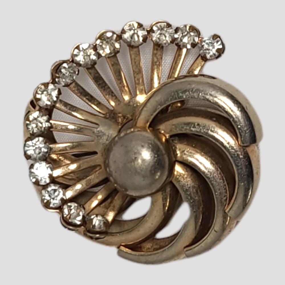 Vintage Brooch Gold Tone Round Spiral Clear Rhinestone Mid Century MCM Pin